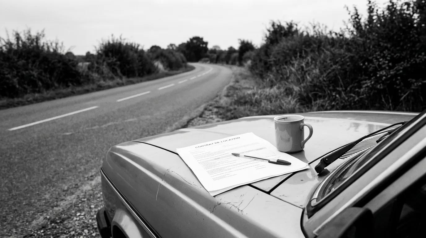 Contrat de location déplié sur un capot de voiture, stylo et tasse de café posés à côté
