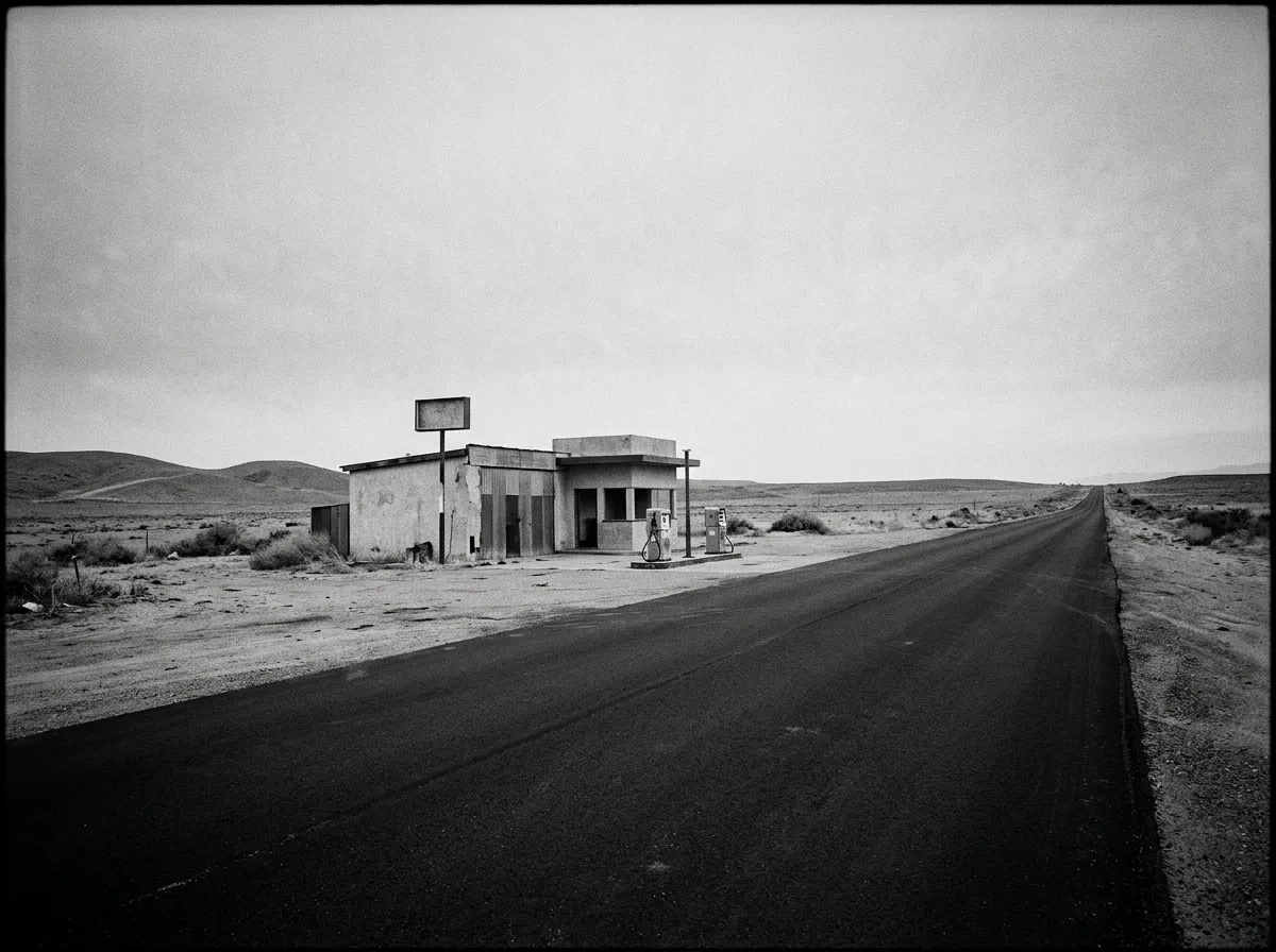 Station-service isolée au bout d'une longue ligne d'asphalte