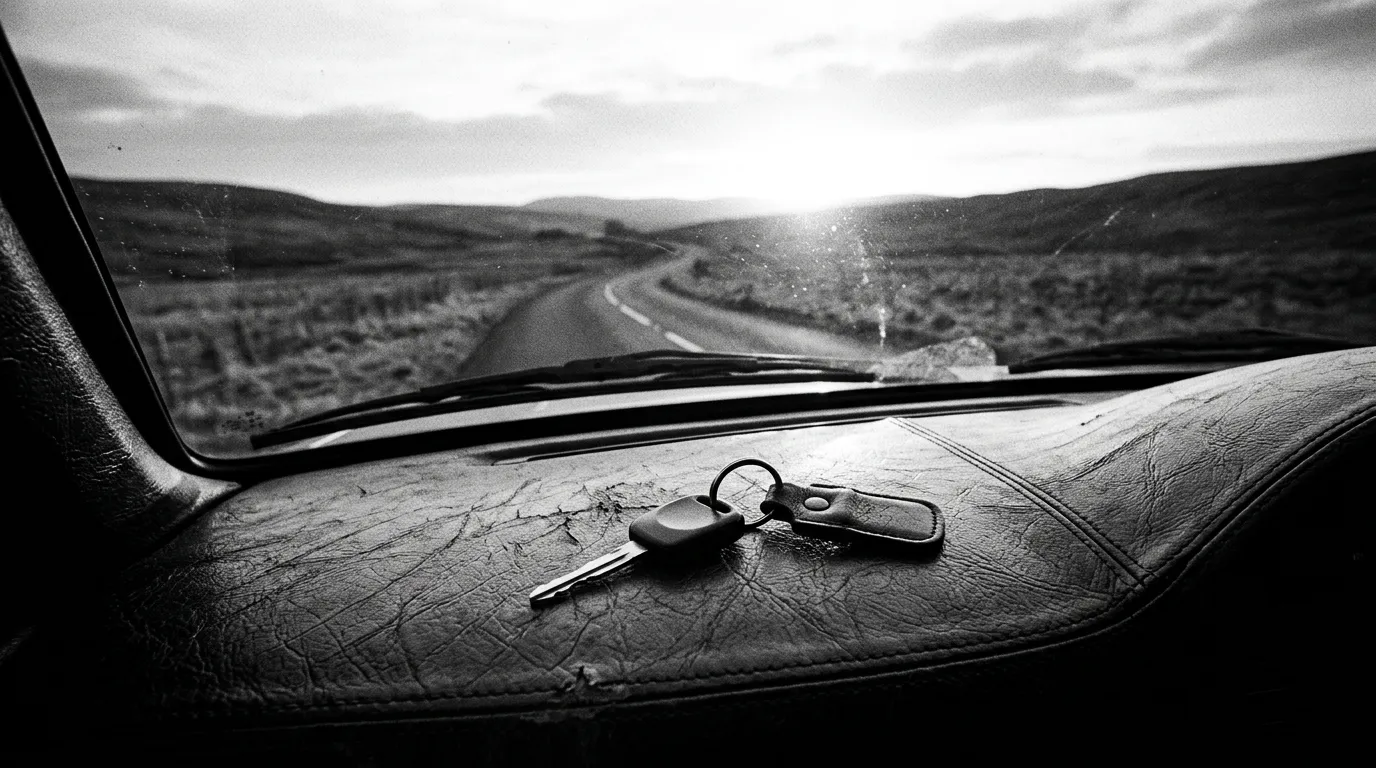 Clé de voiture posée sur un tableau de bord en cuir, contre-jour du matin