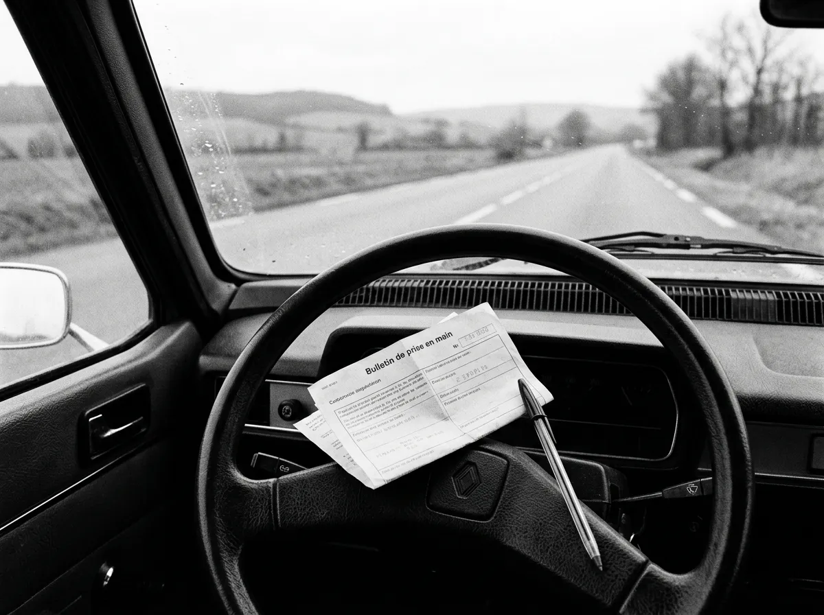 Bulletin de prise en main plié sur le volant, stylo posé à côté