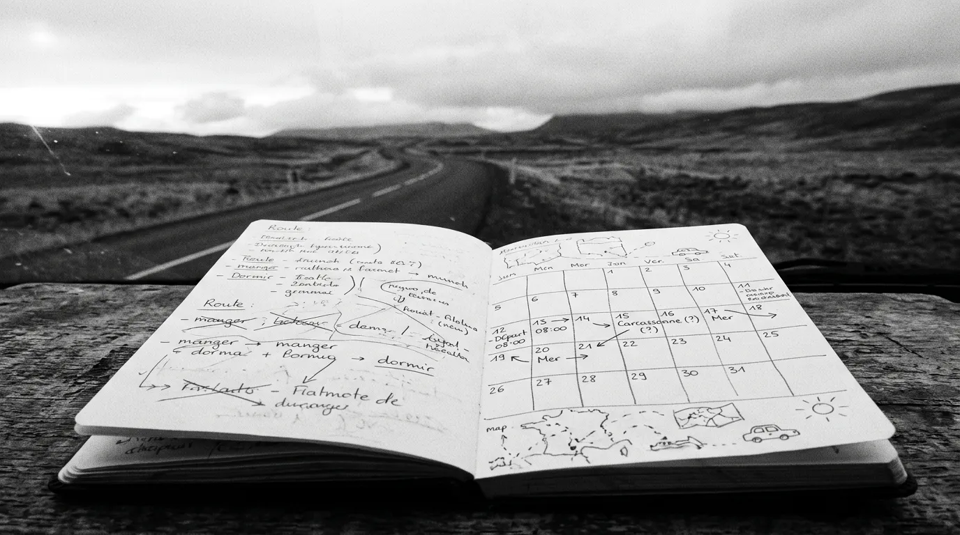 Calendrier manuscrit griffonné au crayon sur un carnet de route ouvert