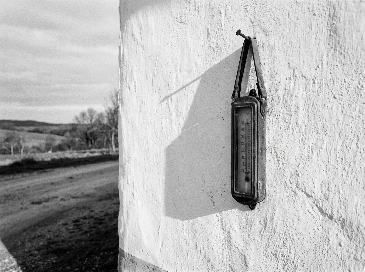 Thermomètre ancien suspendu sur un mur blanc chaulé, ombre portée oblique