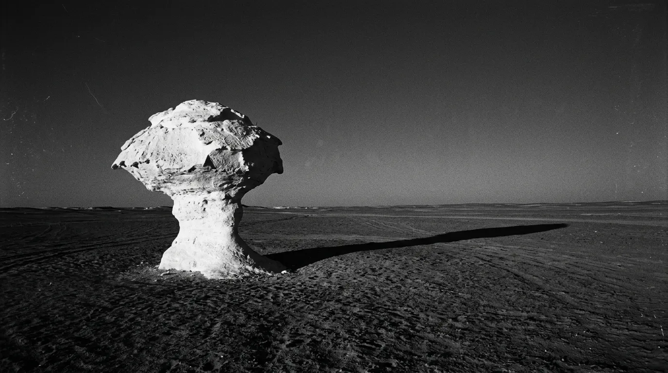 Formation de craie blanche en forme de champignon se dressant sur un sol ocre du Sahara Beyda, ciel bleu profond, ombre longue projetée au couchant