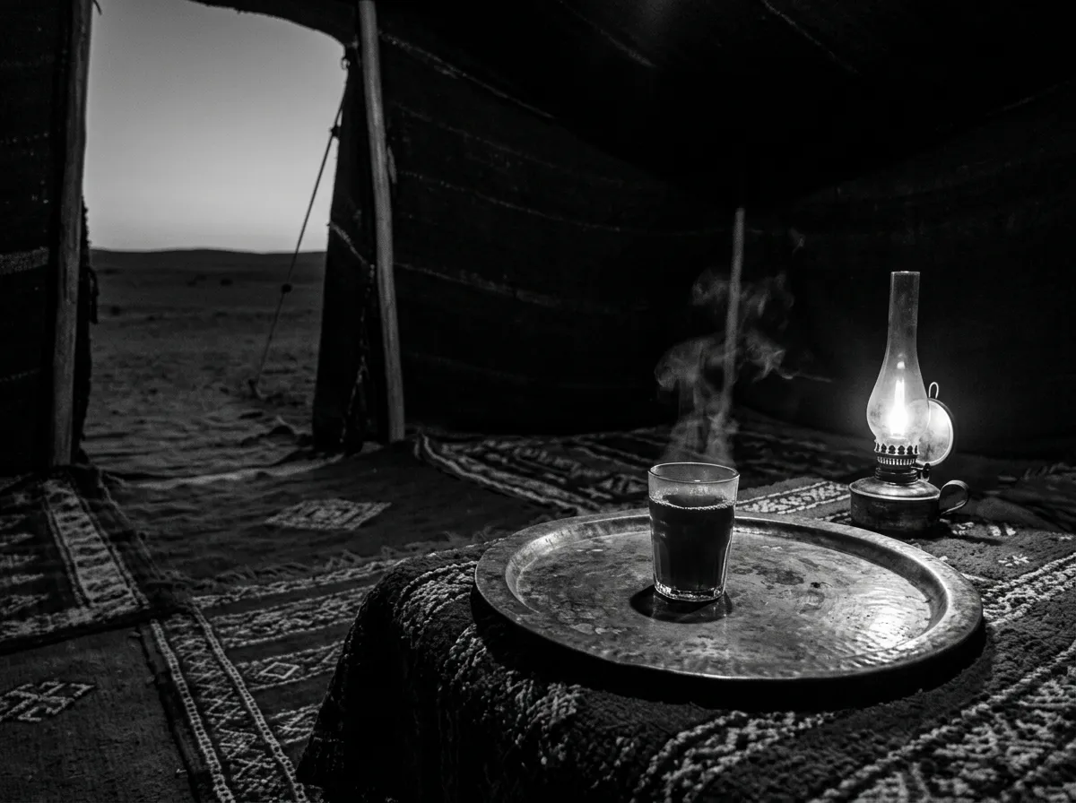 Intérieur d'une tente bédouine au crépuscule, un verre de thé noir fumant sur un plateau de cuivre terni, tapis à motifs rouges, lueur basse d'une lampe à huile