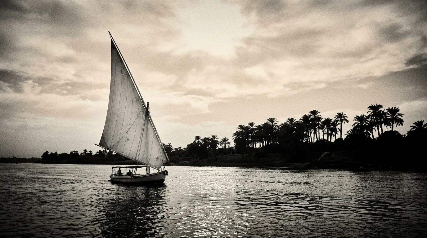Fellouque à voile latine blanche glissant contre la berge ocre du Nil, palmiers en ombre chinoise, lumière dorée de fin d'après-midi