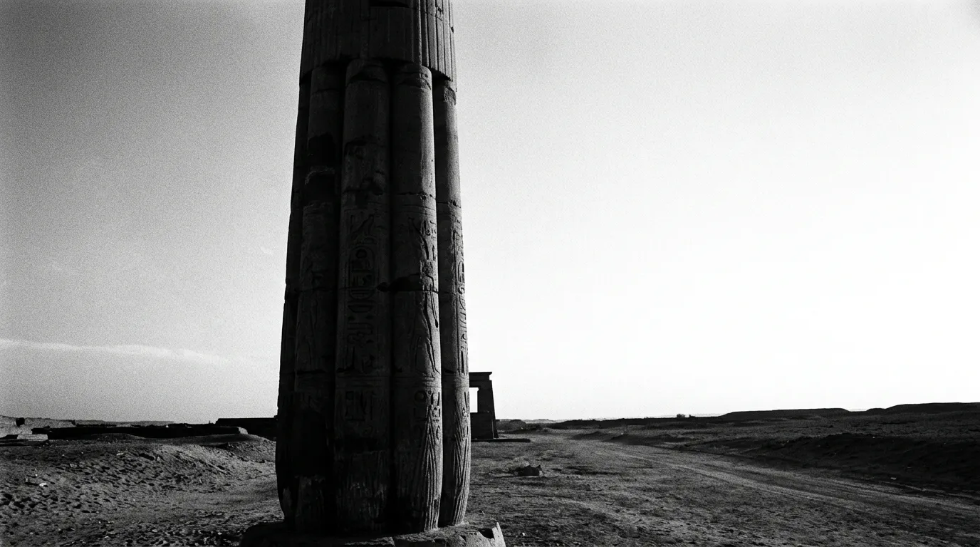 Colonne cannelée du grand temple d'Amon à Karnak en contre-jour de fin d'après-midi, grain de pierre visible, hiéroglyphes en ombre