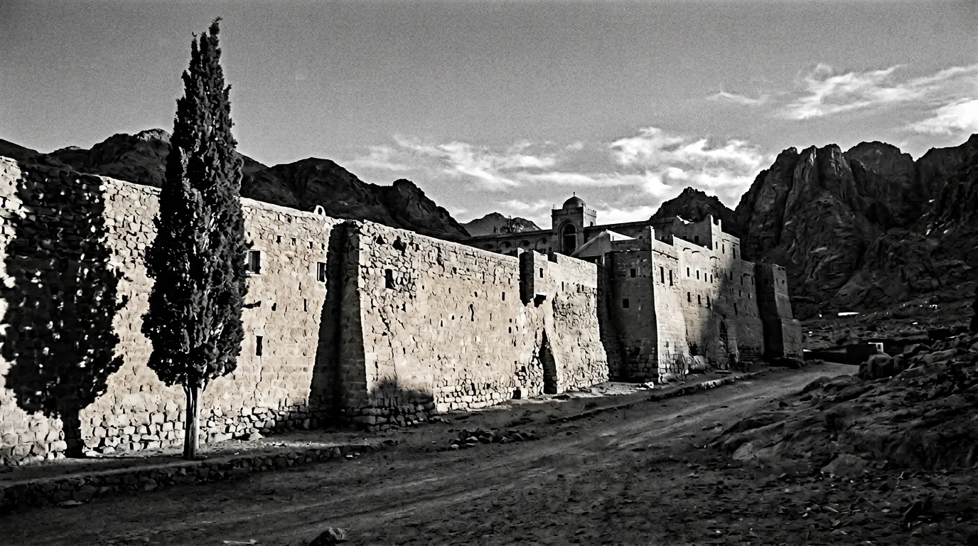 Mur d'enceinte en pierre ocre du monastère Sainte-Catherine à l'aube, ombre longue portée d'un cyprès, premiers rayons rasants éclairant la maçonnerie ancienne