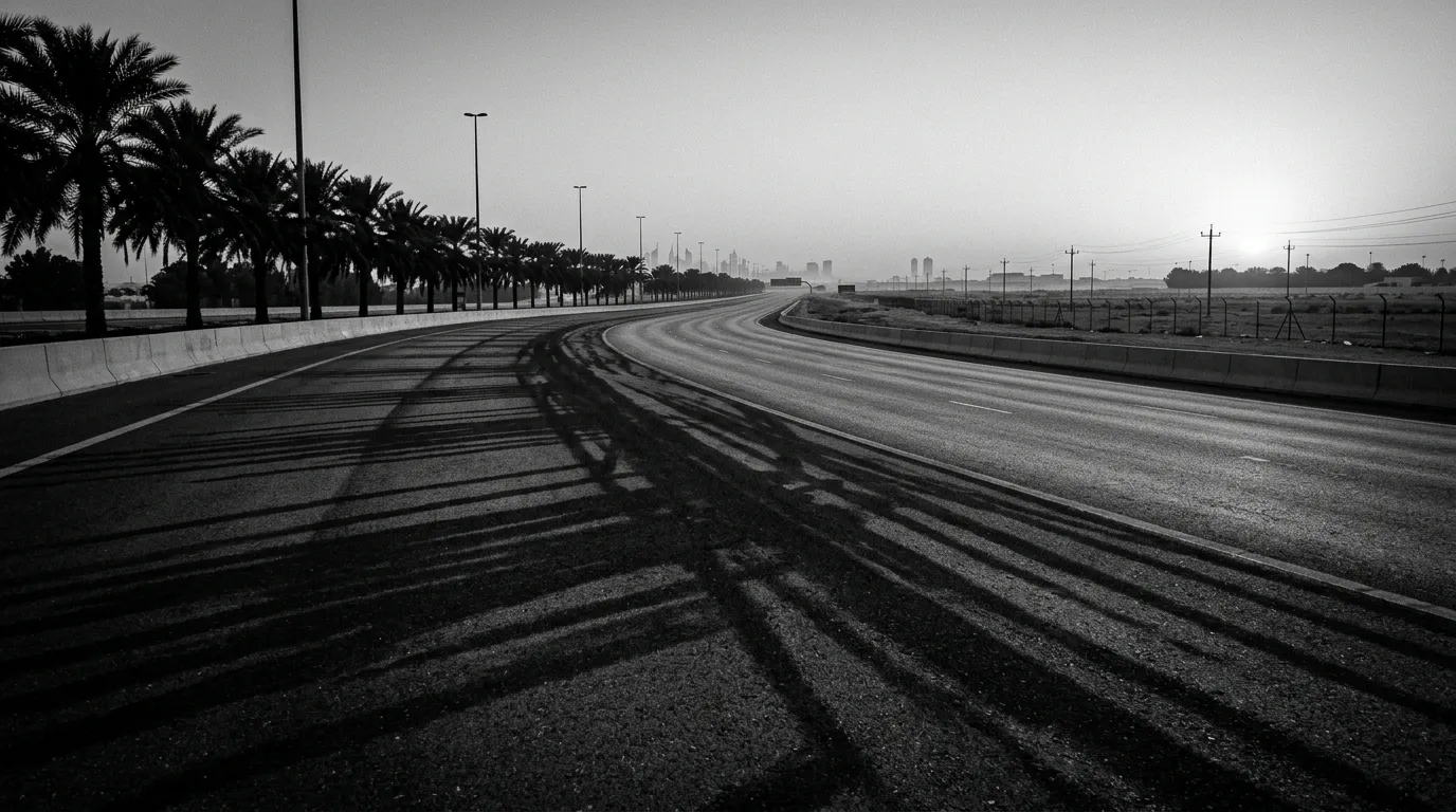 Autoroute E11 huit voies vide au petit matin, ombres de palmiers sur bitume cuivré, aucune autre voiture en vue, ciel pâle qui vire au doré