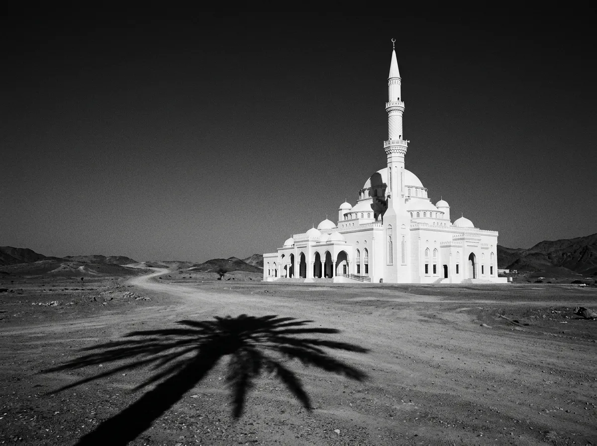 Mosquée blanche de Fujairah en fin d'après-midi, mur écru éclatant et minaret unique, ombre nette d'un palmier au sol, ciel cobalt pur, pas un nuage