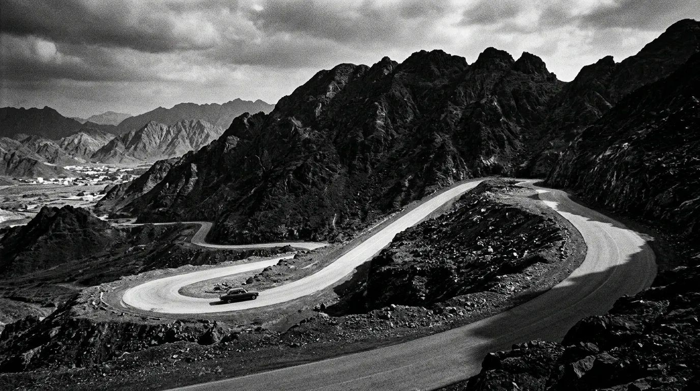 Route de montagne E44 en lacets à l'approche de Hatta, roche noire déchiquetée des Hajar, ombre nette au sol, une seule voiture qui disparaît dans un virage