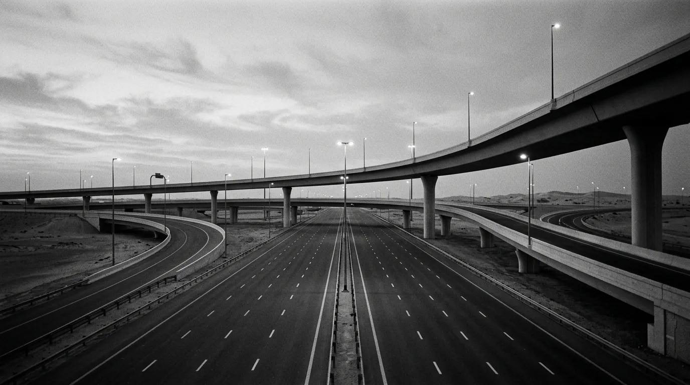 Échangeur vide à l'aube sur la Sheikh Zayed, lampadaires encore allumés, huit voies désertes vers le sud, ciel cuivré avant le lever du jour