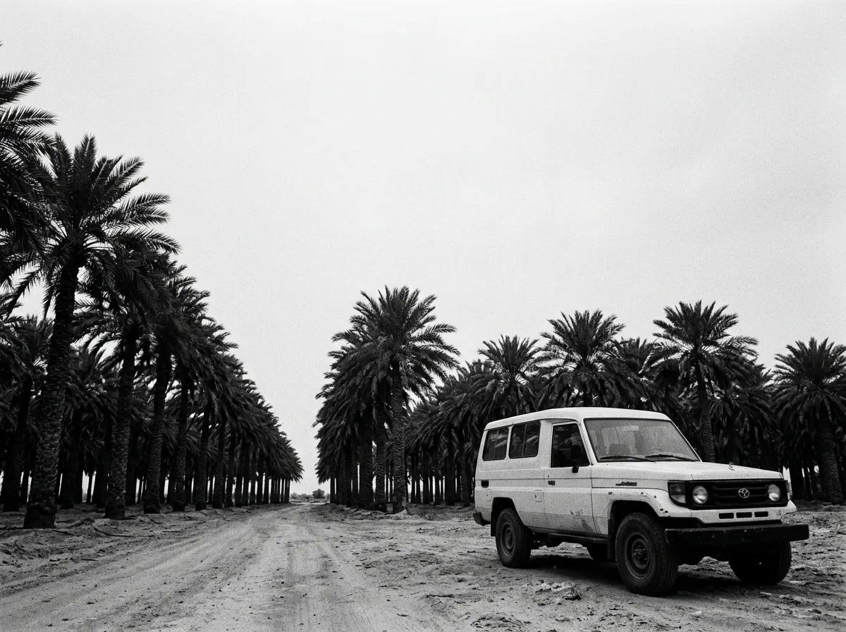 Palmeraie de Liwa vue d'un point bas, rangées d'arbres verts encadrées de sable orange saturé, un 4x4 blanc garé au bord de la piste en premier plan, ciel pâle d'hiver
