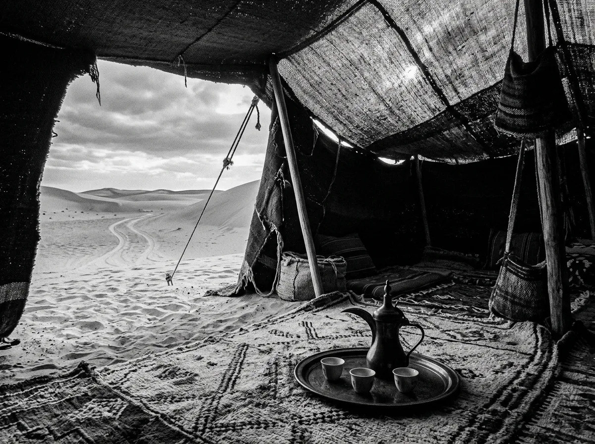 Intérieur de tente bédouine sous dune, plateau en cuivre avec dallah et trois petites tasses de café arabe, tapis tissé au sol, lumière dorée filtrée à travers la toile