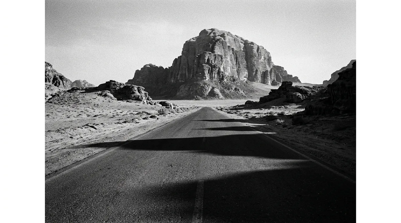Route asphaltée du Wadi Rum fendue d'ombre, monolithe en fond