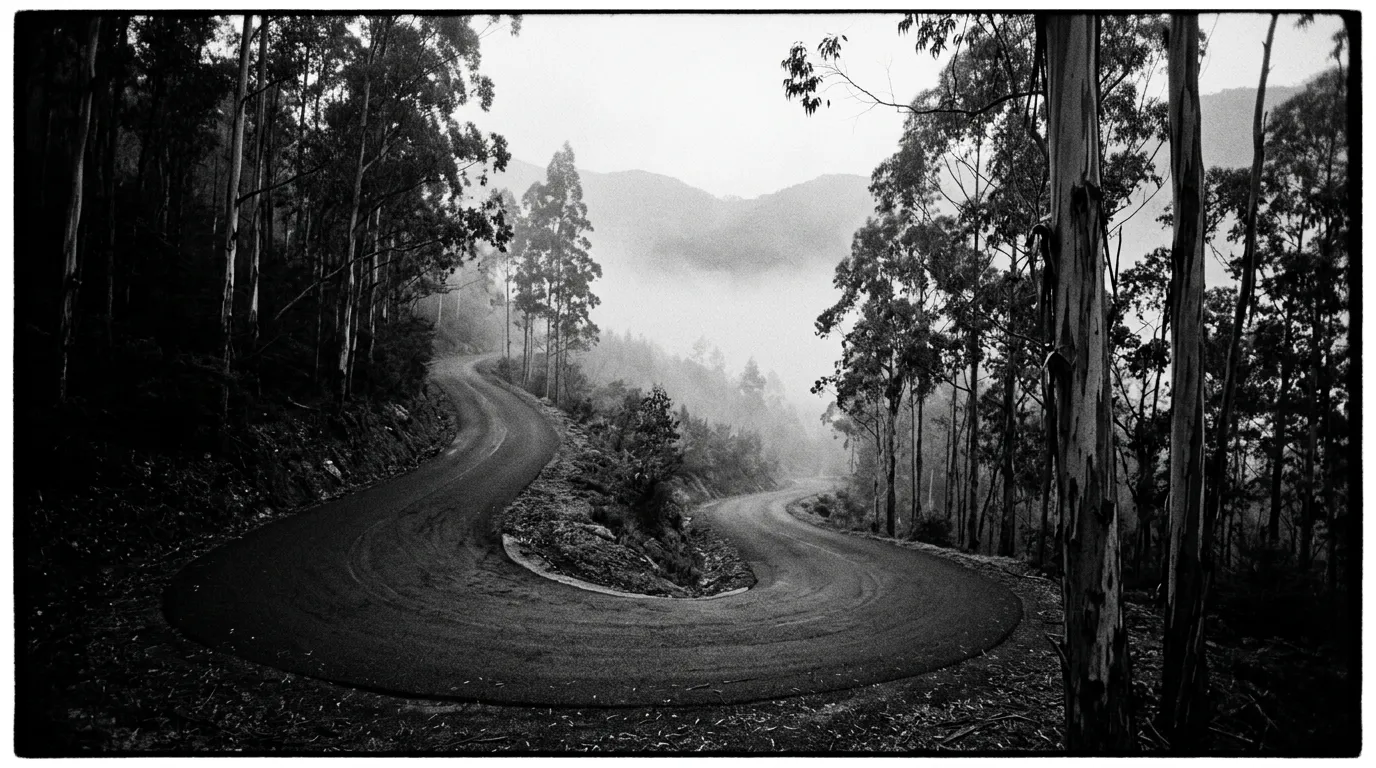 Route en lacets dans la forêt d'eucalyptus, brume basse