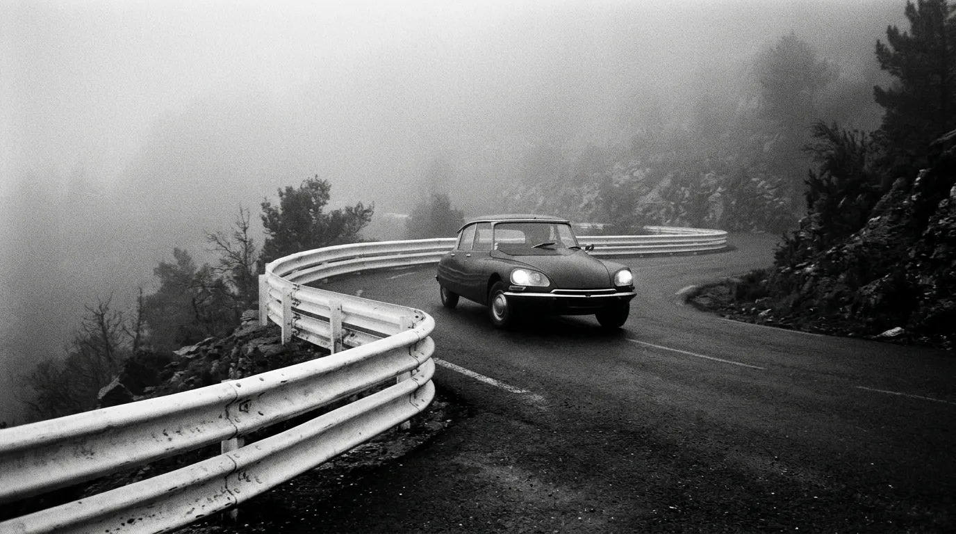 Virage serré dans la brume, glissière blanche
