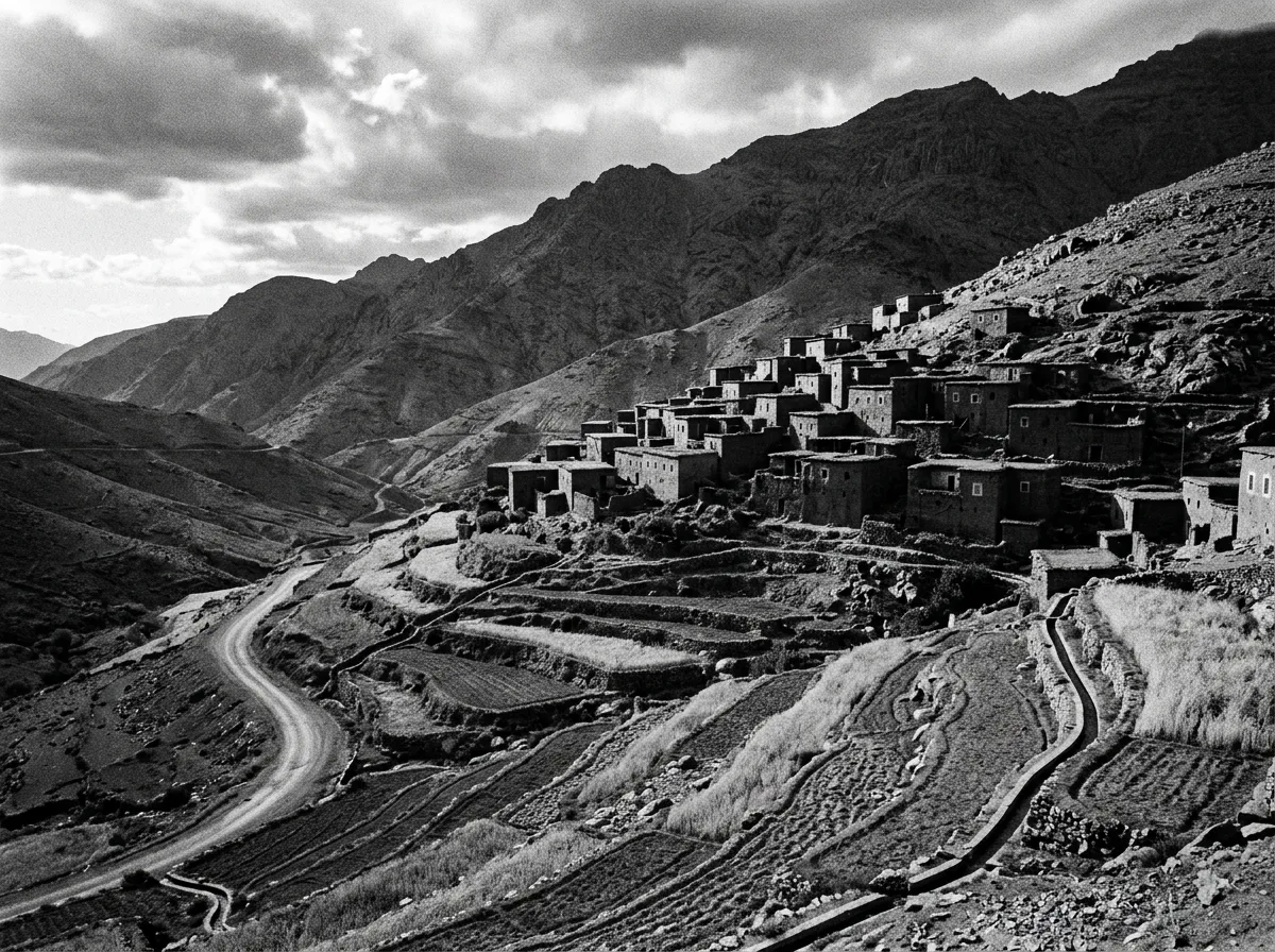 Village berbère en terrasses agricoles sur versant d'Atlas, maisons en pisé ocre groupées, champs d'orge en gradins irrigués, lumière dorée de fin d'après-midi