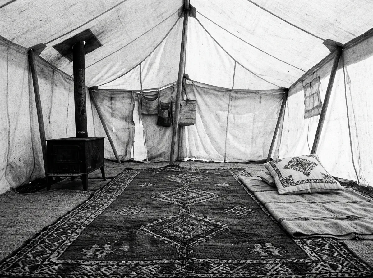 Intérieur de tente nomade vide, tapis rouge berbère posé au sol, poêle en fonte éteint, lumière filtrée par la toile blanche, oreiller brodé dans un coin
