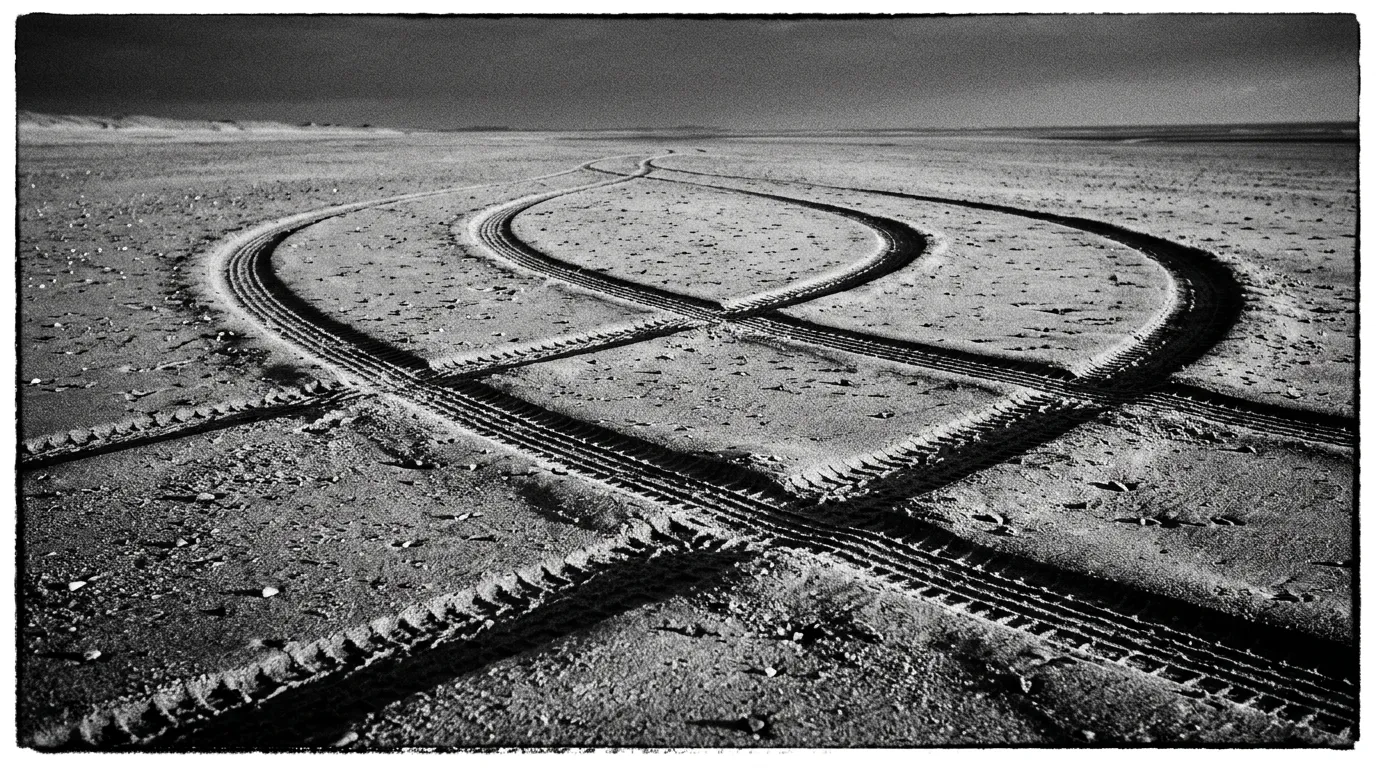 Traces de pneus de 4×4 qui tournent en boucle large dans le sable tassé vues en contre-plongée basse, ombres longues d'après-midi, texture granuleuse du sable