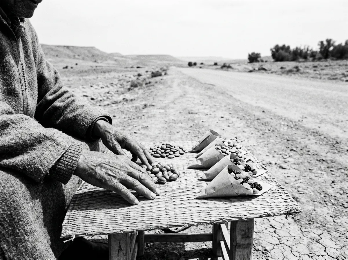 Étal de cornets d'argan torréfié, amandes et fruits secs posés sur une natte de raphia, mains burinées d'un vieux monsieur en djellaba grise