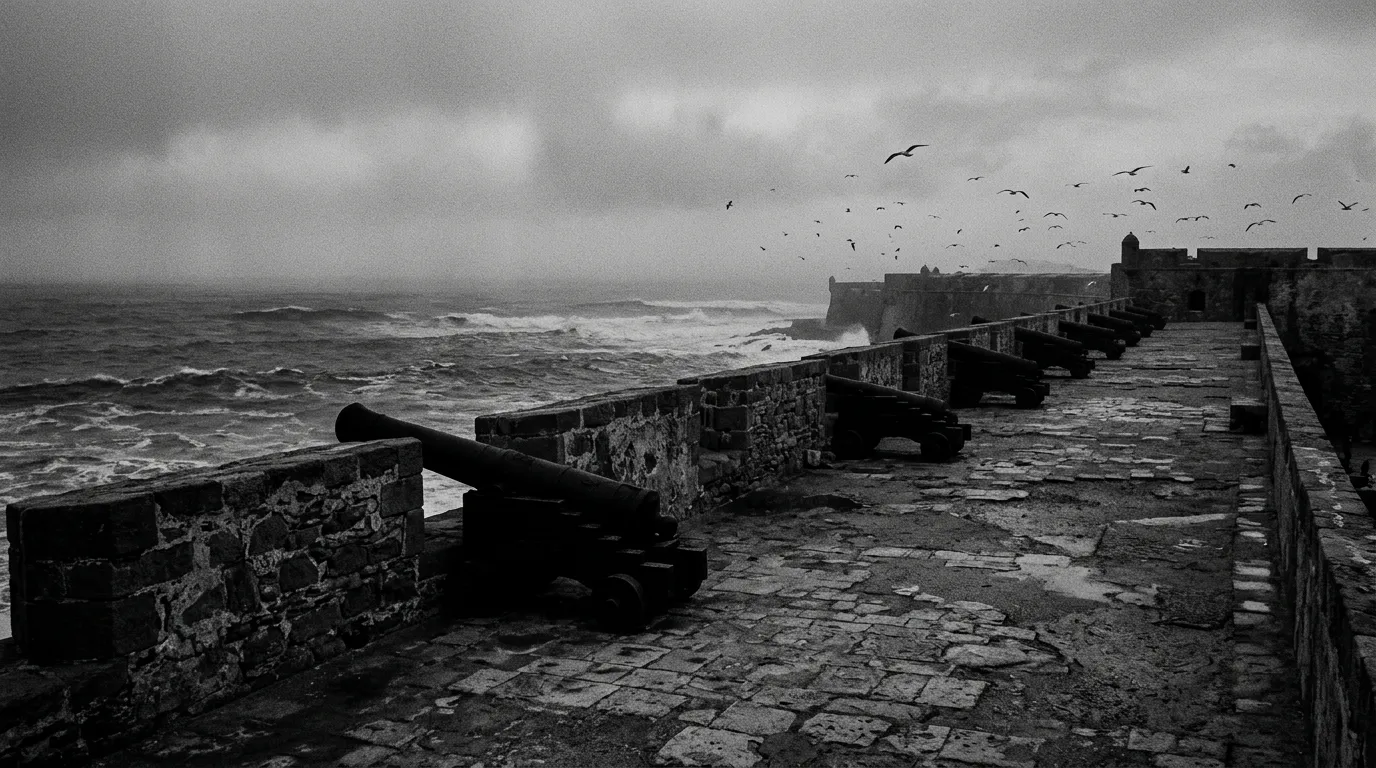 Remparts ocre d'Essaouira battus par la brume salée à la fin de l'après-midi, mouettes, canons portugais alignés, Atlantique au fond