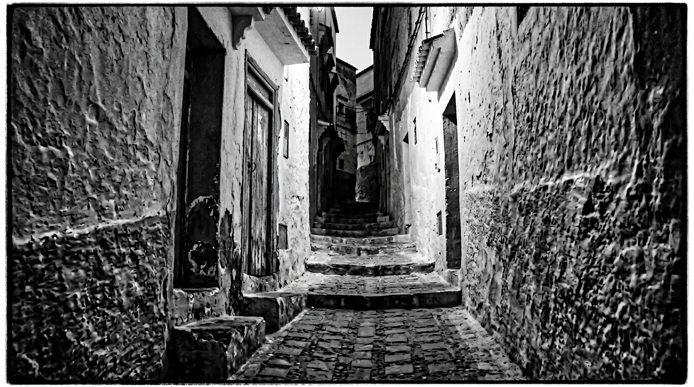 Ruelle déserte de Chefchaouen au lever du jour, seuils bleus usés, marches badigeonnées de chaux indigo, lumière oblique qui n'a pas encore atteint le fond de la ruelle