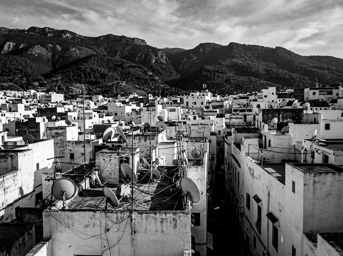 Toits blancs et bleus de Tétouan vus depuis les terrasses nord de la médina, enchevêtrement de paraboles, montagnes boisées du Rif au second plan, fin d'après-midi