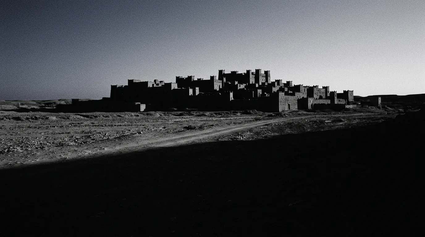 Aït Ben Haddou vu depuis la rive opposée à l'heure bleue, silhouette de la kasbah découpée sur le ciel, ombre portée immense sur la rivière sèche de l'Oued Mellah