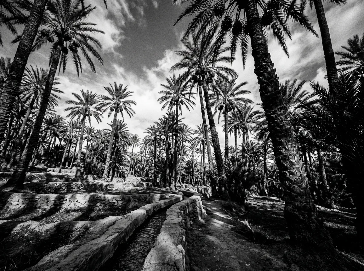 Palmeraie de Tinghir en contre-plongée depuis les terrasses d'irrigation, détail de régimes de dattes, petit canal à ciel ouvert, ombres d'après-midi