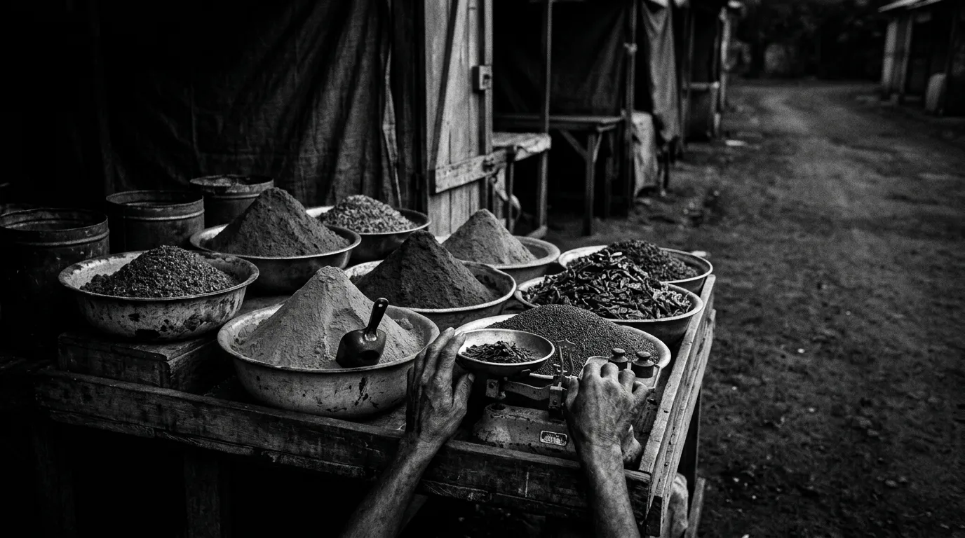 Étal d'épices au marché de Pamplemousses à l'aube, pyramides de curcuma, cari poudre, piment et graines de moutarde, mains du marchand qui pèsent