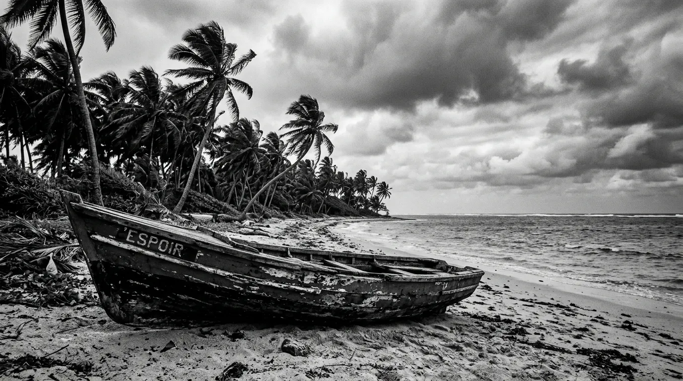 Pirogue créole en bois écaillé tirée à terre sur une plage étroite de la côte est mauricienne, sable brut, cocotiers couchés par l'alizé