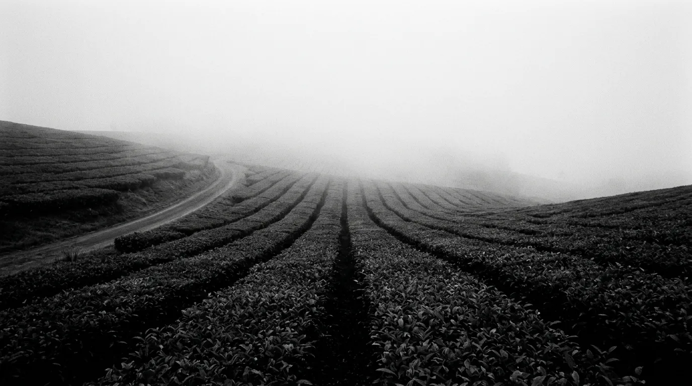 Rangs de théiers vert sombre qui disparaissent dans la brume matinale du plateau de Bois Chéri, lignes géométriques qui s'évanouissent