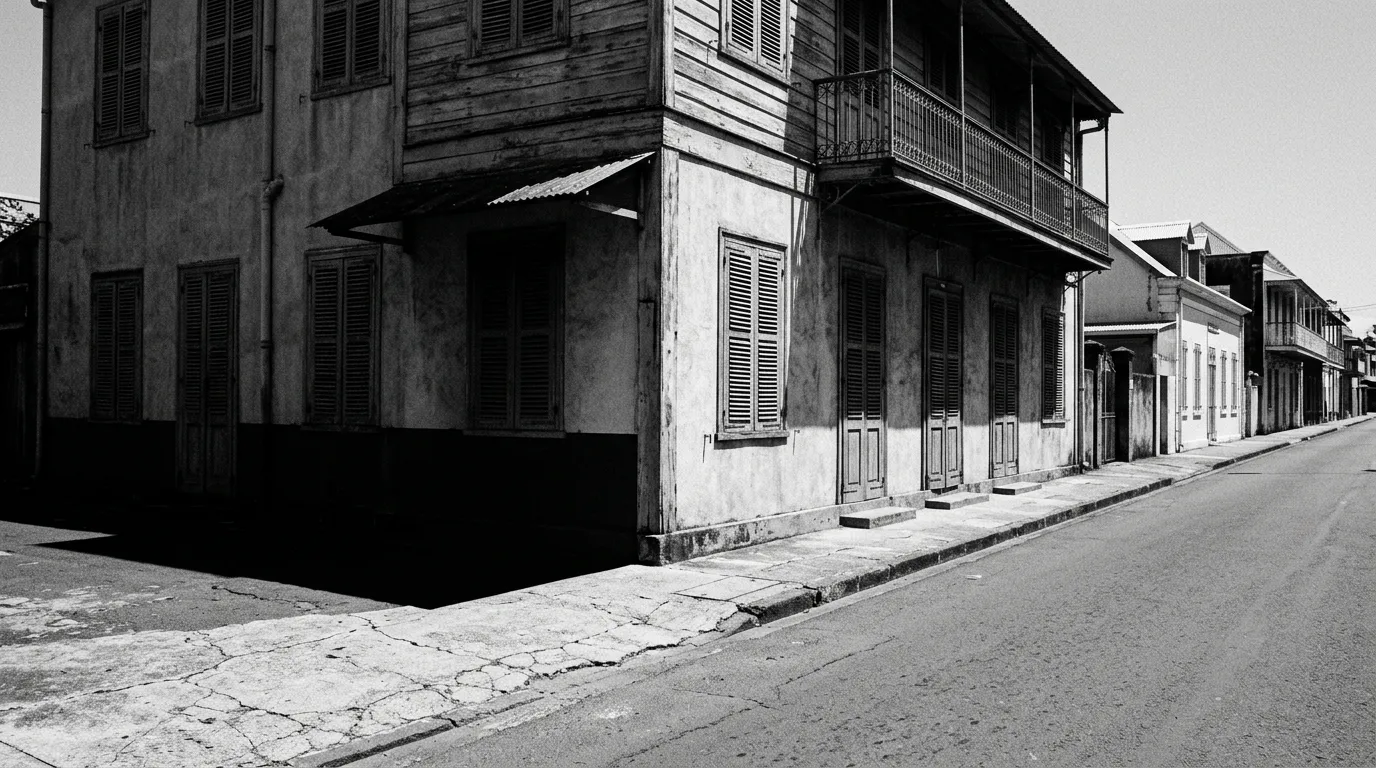 Façade coloniale créole de Port-Louis à volets fermés en plein midi, ombre dure sur le trottoir, pas de passants