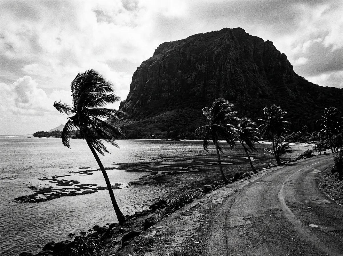 Lagon du Morne vu depuis une route latérale, basalte sombre du mont en arrière-plan, cocotiers inclinés par l'alizé