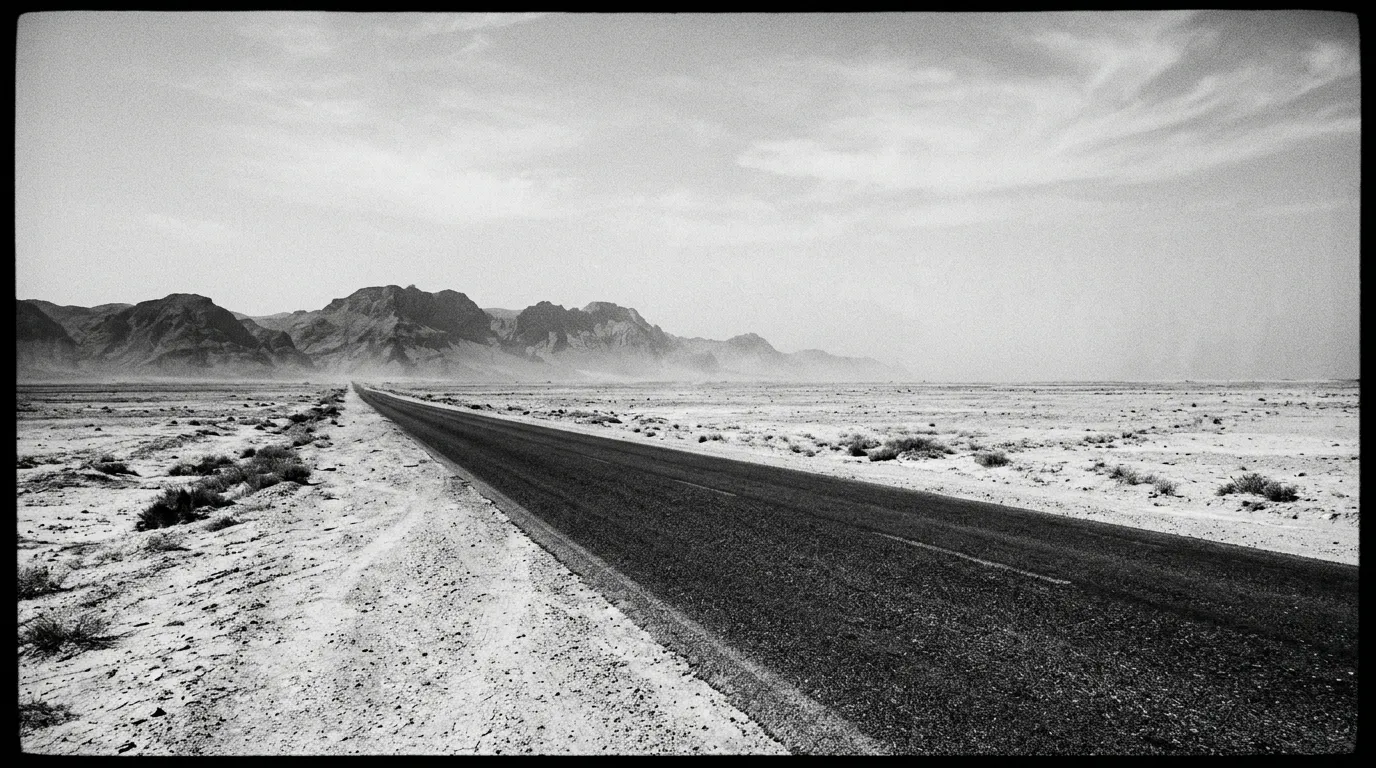 Asphalte noir d'une route droite traversant un désert pâle et plat, montagne grise au loin dans la brume de chaleur, sud du Dhofar, début d'après-midi