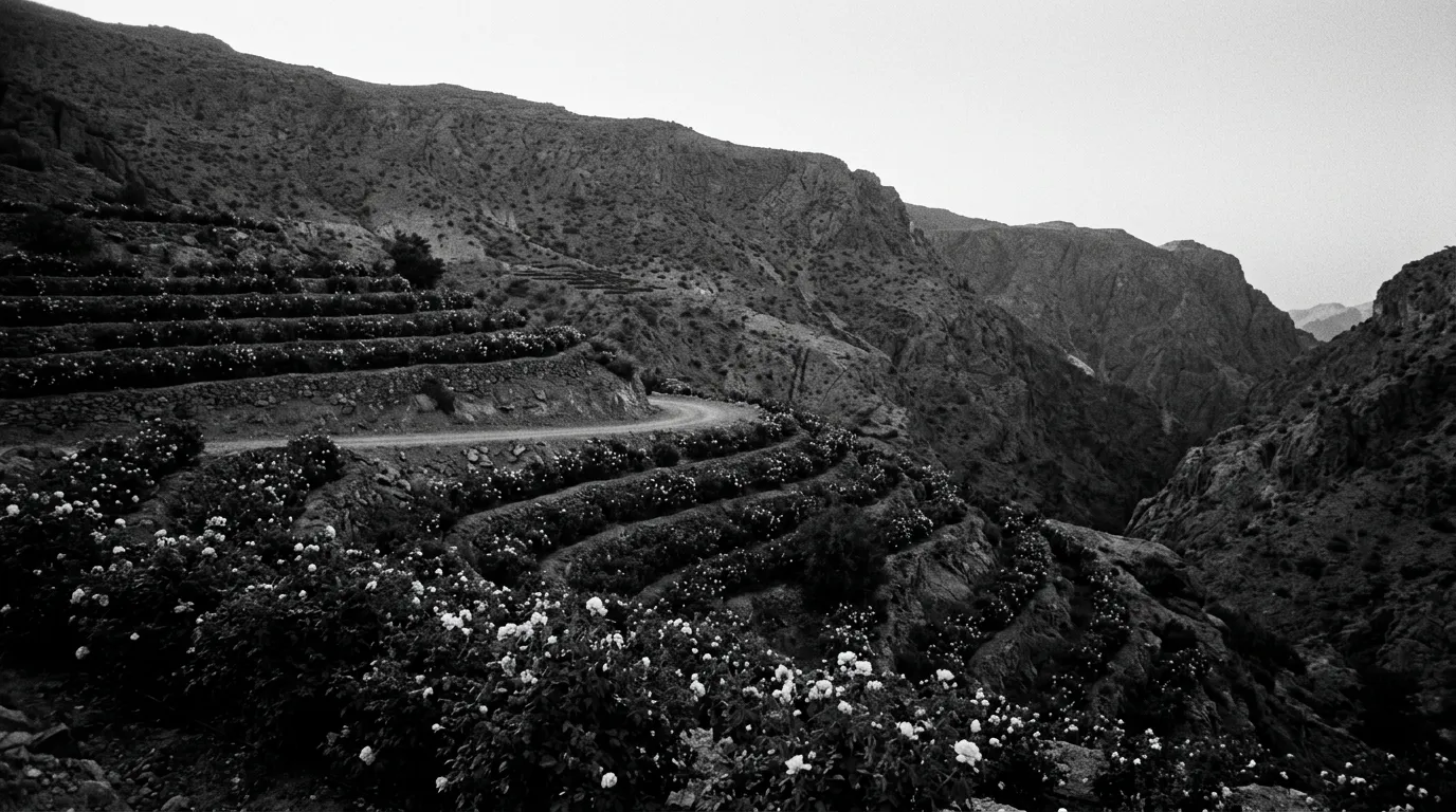 Terrasses de rosiers en gradin sur flanc de montagne au lever du jour, ombre bleue dans les combes, feuilles vert sombre et fleurs pâles, Saiq plateau du Jebel Akhdar, 2 800 m d'altitude