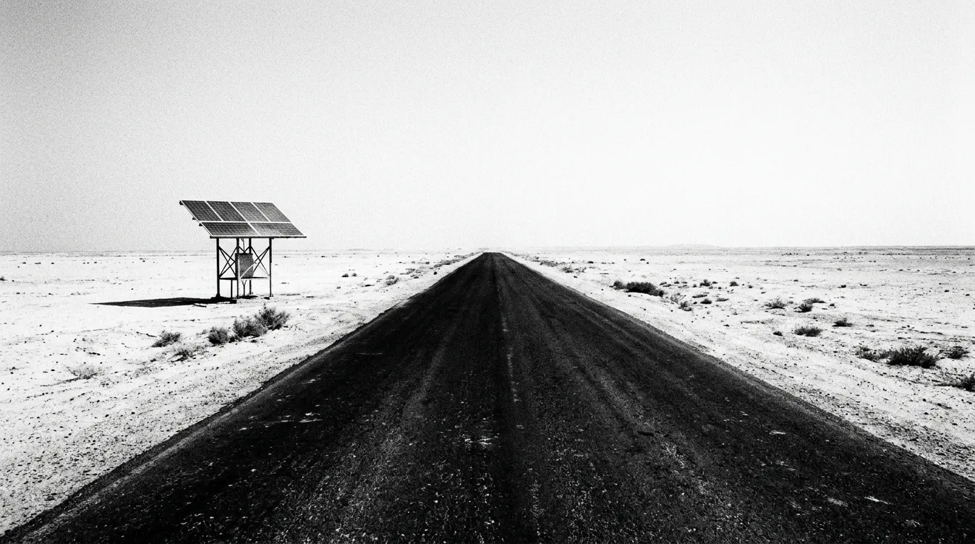 Route droite en asphalte noir fendant un désert pâle et plat, horizon vibrant de chaleur, panneau solaire isolé à gauche, N°32 au sud de Duqm, onze heures du matin