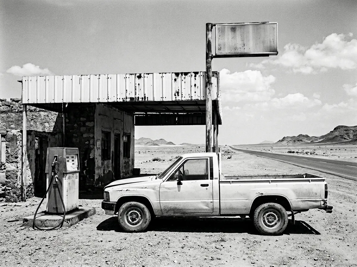 Station-service de Haima, enseigne bleu délavé par le soleil, auvent en tôle blanche, une seule pompe en service, un vieux Hilux poussiéreux à l'arrêt, quatorze heures