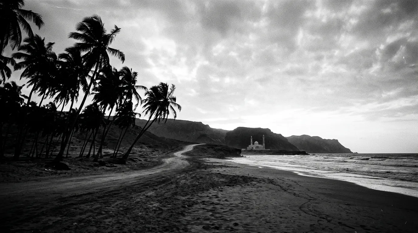 Plage de Salalah en contre-jour, cocotiers penchés sur sable clair, mer vert pâle, silhouette d'une mosquée blanche au fond, fin d'après-midi, février