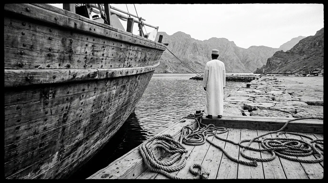 Coque de dhow en bois clouté contre le quai en pierre de Khasab, cordages posés en serpent, matelot en dishdasha blanche vu de dos, eau verte du petit port, début de matinée, février