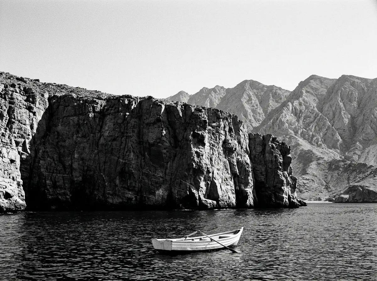 Falaise calcaire du Musandam plongeant à pic dans la mer turquoise, pli de montagne derrière, petite barque blanche au premier plan, fin de matinée, ciel pur