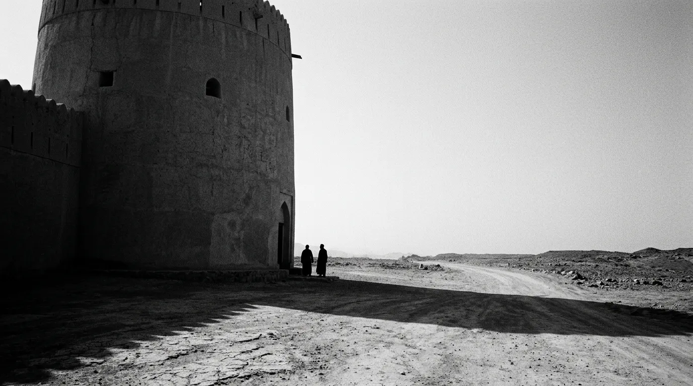 Fort rond de Nizwa, mur d'argile ocre au lever du jour, ombre oblique projetée sur le sol, deux silhouettes à la base à contre-jour, ciel pâle de février