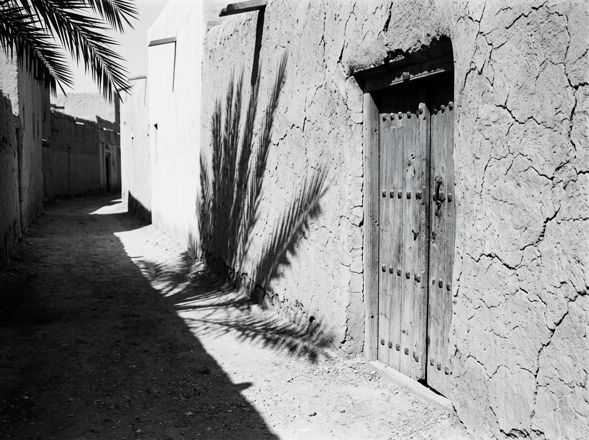 Ruelle de village d'Al Hamra, mur d'argile fendillé par le temps, porte en bois clouté bleu délavé, ombre oblique d'un palmier sur le sol de terre battue, silence