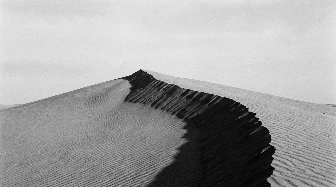 Crête de dune ocre sculptée par le vent au lever du jour, ombre dentée nette portée sur la face nord, ciel pâle encore sans soleil direct, Wahiba Sands, six heures quarante-deux