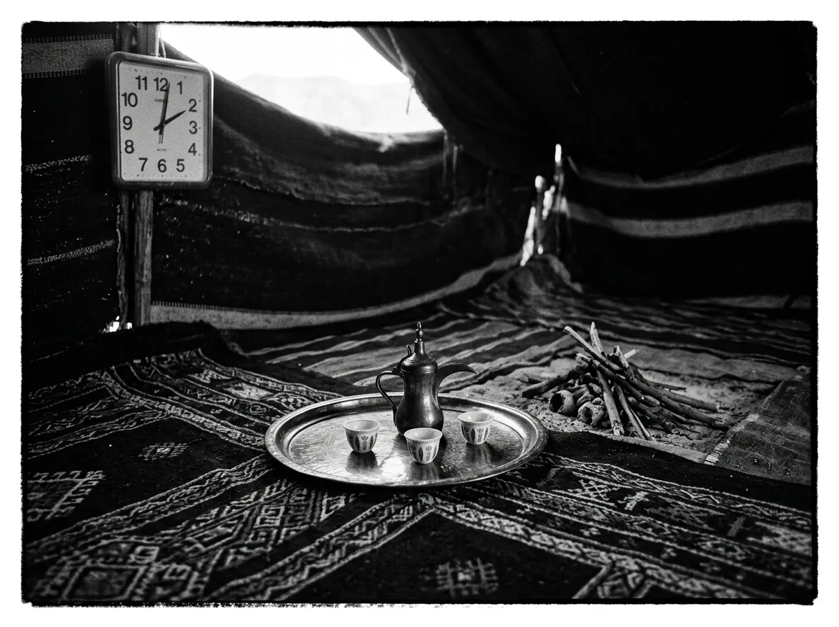 Intérieur de tente bédouine, tapis sombre à motifs géométriques, plateau de cuivre posé au sol, petit feu de bois, cafetière dalla et trois tasses, deux heures dix-huit