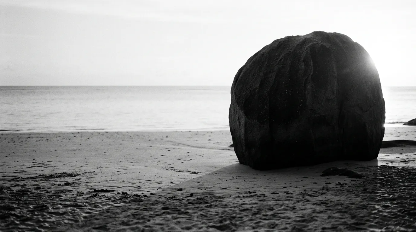 Blocs de granit arrondis sur plage de Mahé, contre-jour, lumière de fin d'après-midi, mer plate derrière
