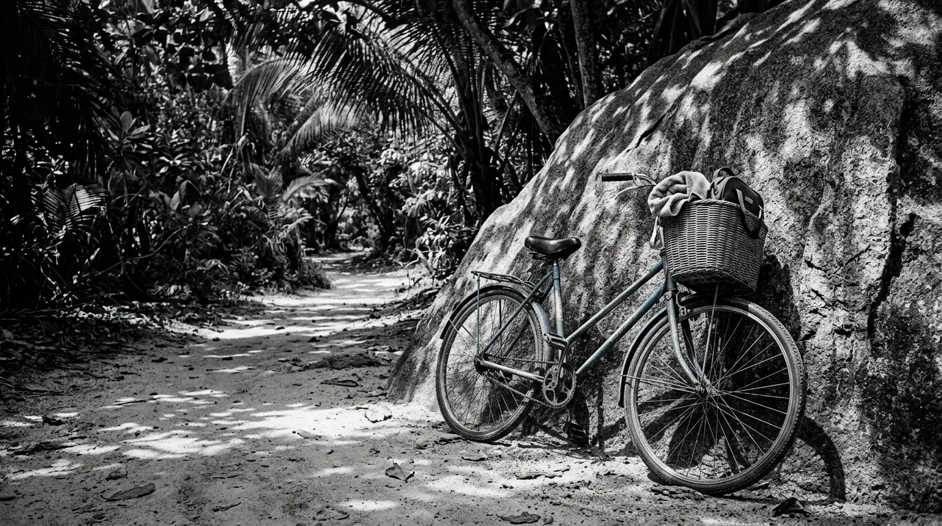 Vélo bleu appuyé contre un gros rocher de granit rose sur La Digue, panier en osier, sable blanc au sol, filtre de lumière de canopée