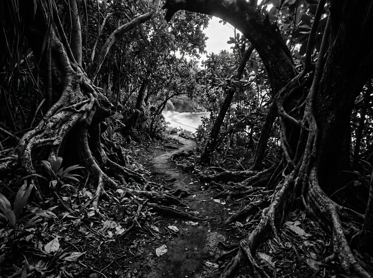 Sentier de forêt vers une anse cachée sur La Digue, racines de takamaka, lumière verte filtrée, sable au fond du cadre