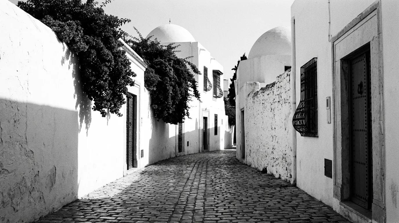 Ruelle déserte de Sidi Bou Saïd au lever du jour, bougainvilliers violets débordant des murs chaulés, ombres longues du matin sur les pavés