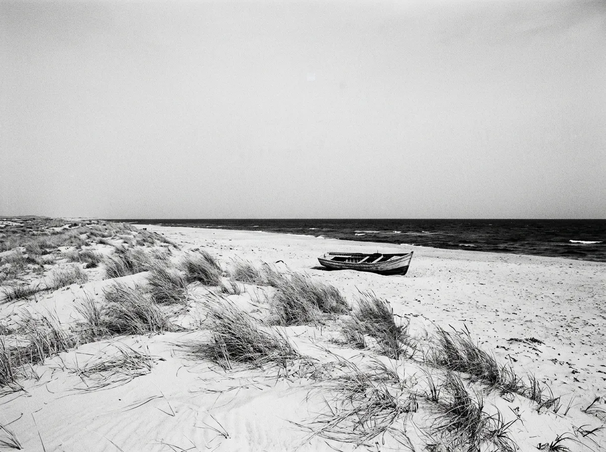 Place vide du Cap Bon au matin, sable clair, herbes sèches couchées par le vent, horizon marine sous ciel pâle, sans une figure humaine